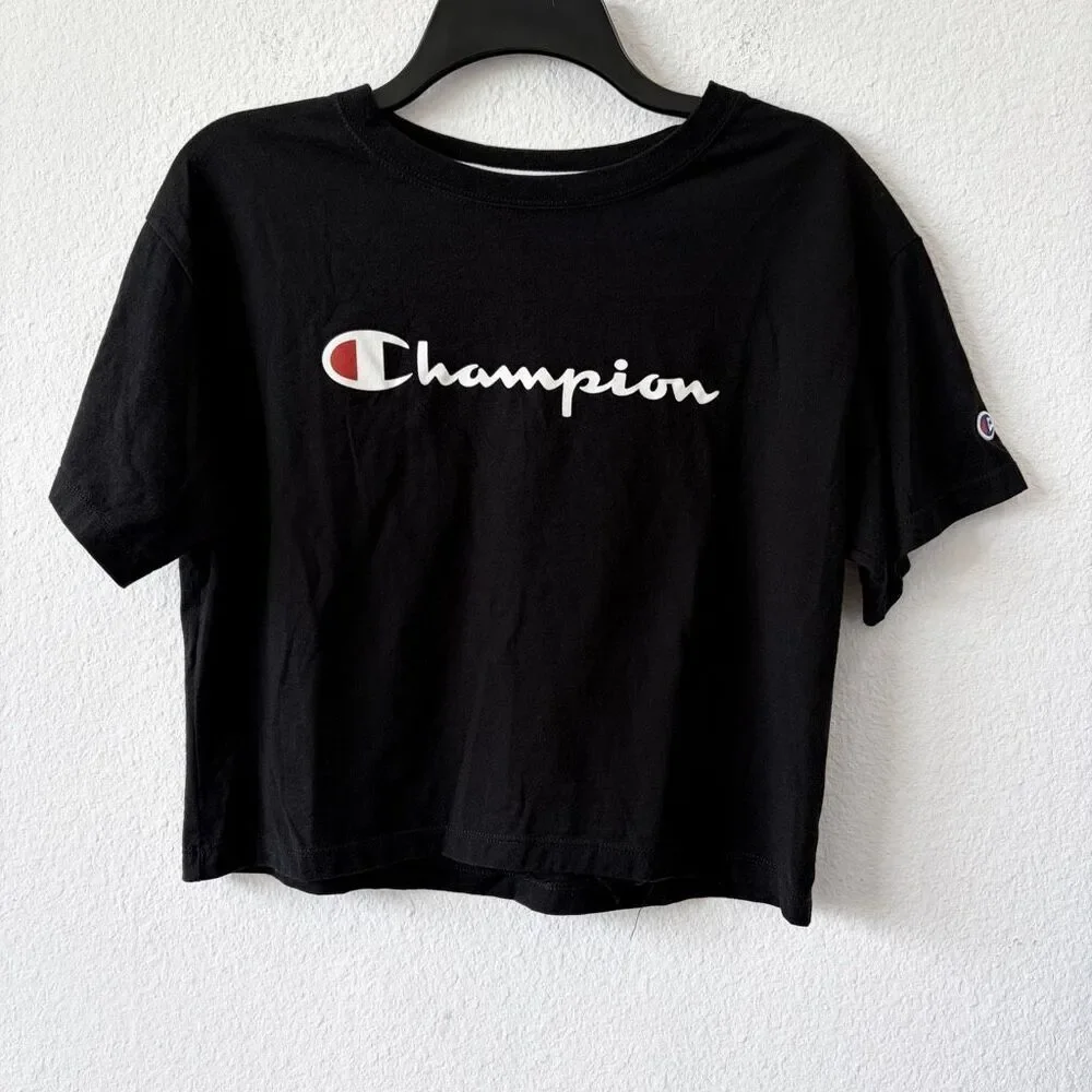 Champion Black Cropped Logo T-Shirt Size Small